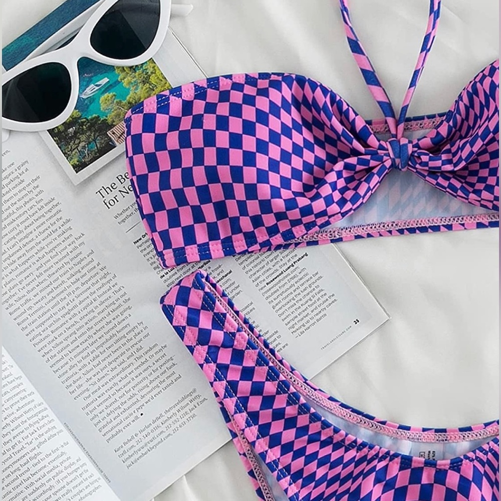 Pink Warped Checker Pattern Bikini Set
